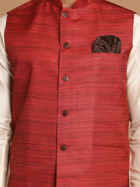 Men's Maroon Textured Nehru Jacket With Cream Kurta And Pyjama Set